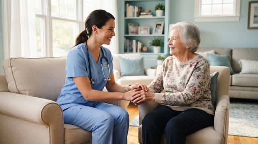 A Tucker nurse holding hands with an older woman during a home visit
